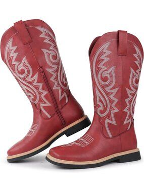 〽️Women's Mid-Calf Cowgirl Boot Red Floral Leather Side Zipper Chunky Heel